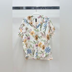 (20-70-SPRINGFLORAL-WHT) RUFFLED SHORT SLEEVE SPRING FLORAL PRINT LINEN TOP